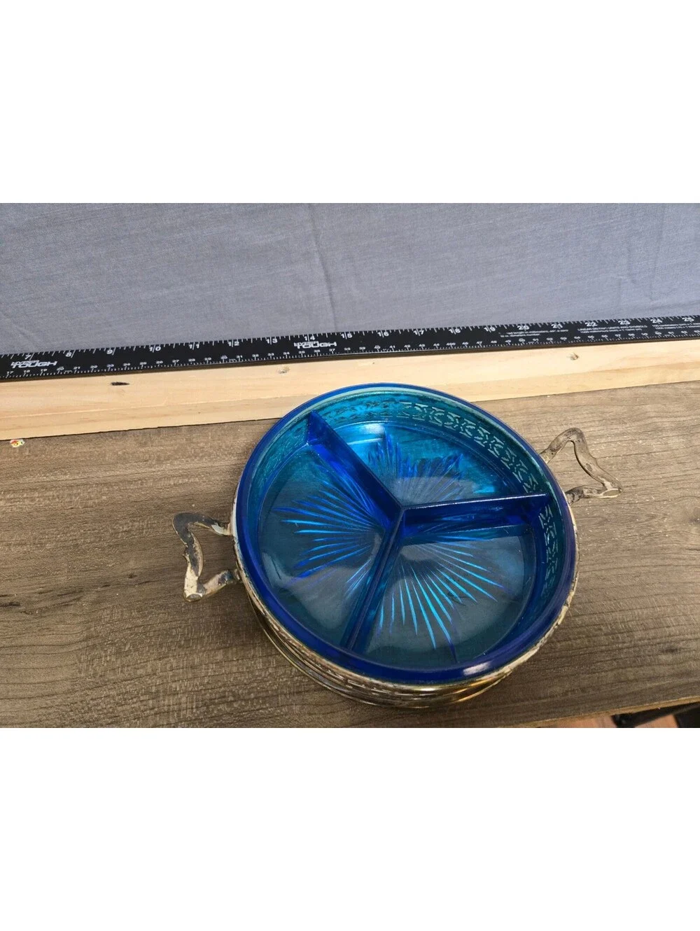 Vintage Blue Glass Divided Serving Dish with Silver Metal Pl